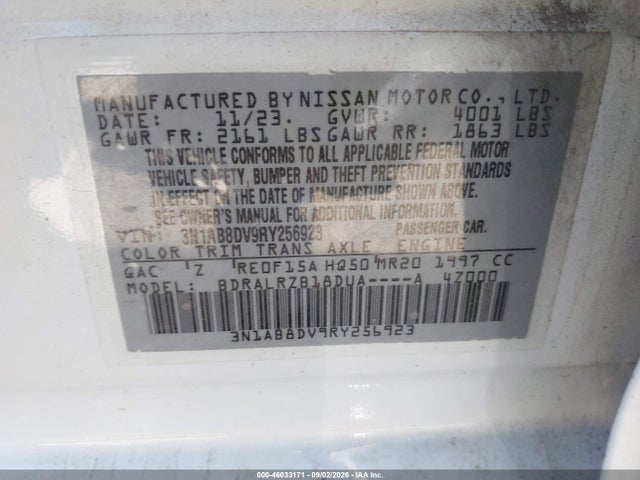 2024 Nissan Sentra Sr Xtronic Cvt მანქანა იყიდება აუქციონზე, vin: 3N1AB8DV9RY256923, აუქციონის ნომერი: 46033171