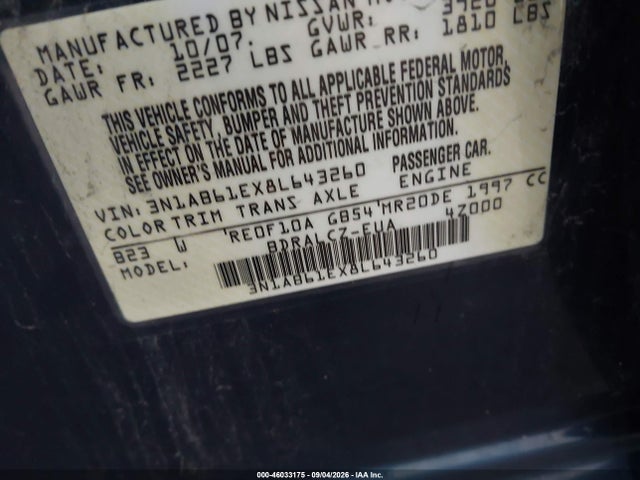 Aukcja sprzedaży 2008 Nissan Sentra 2.0, vin: 3N1AB61EX8L643260, numer aukcji: 46033175