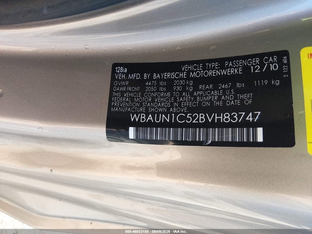 Aukcja sprzedaży 2011 Bmw 128i, vin: WBAUN1C52BVH83747, numer aukcji: 46033180