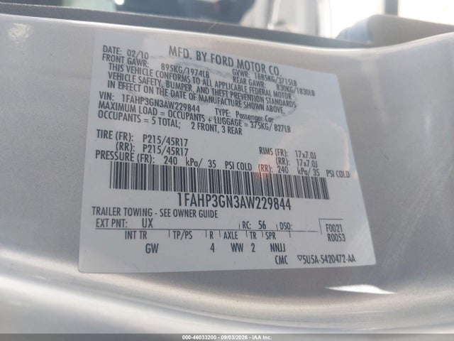 46033200 :رقم المزاد ، 1FAHP3GN3AW229844 vin ، 2010 Ford Focus Ses مزاد بيع