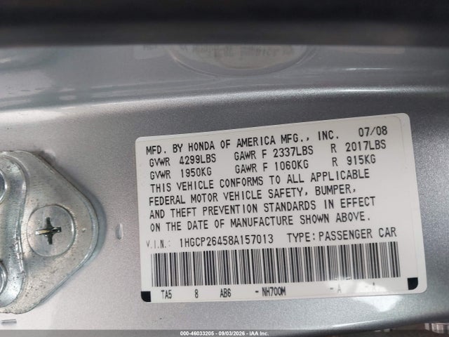 46033205 :رقم المزاد ، 1HGCP26458A157013 vin ، 2008 Honda Accord 2.4 Lx-p مزاد بيع