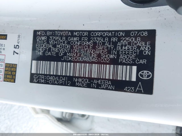 46033225 :رقم المزاد ، JTDKB20U983461032 vin ، 2008 Toyota Prius مزاد بيع