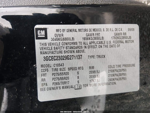 46033240 :رقم المزاد ، 3GCEC23029G271137 vin ، 2009 Chevrolet Silverado 1500 Lt مزاد بيع