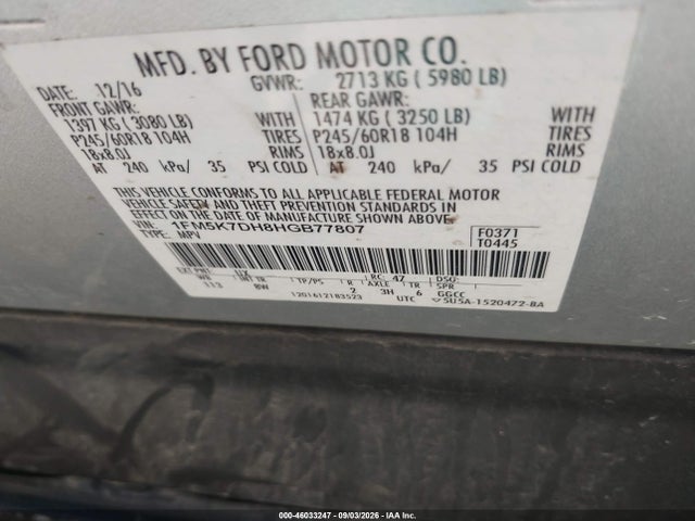Продаж на аукціоні авто 2017 Ford Explorer Xlt, vin: 1FM5K7DH8HGB77807, номер лоту: 46033247