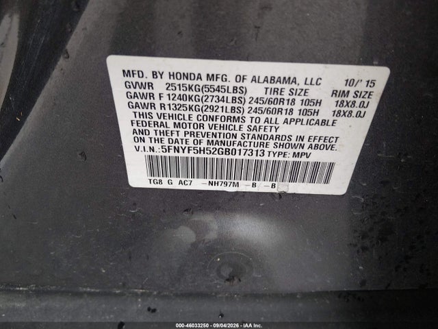 46033250 :رقم المزاد ، 5FNYF5H52GB017313 vin ، 2016 Honda Pilot Ex-l مزاد بيع