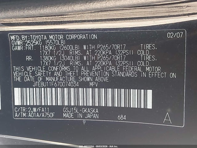 Aukcja sprzedaży 2007 Toyota Fj Cruiser, vin: JTEBU11F670074034, numer aukcji: 46033254