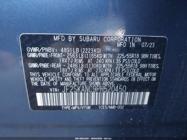 2023 Subaru Forester Limited მანქანა იყიდება აუქციონზე, vin: JF2SKANC9PH520450, აუქციონის ნომერი: 46033261