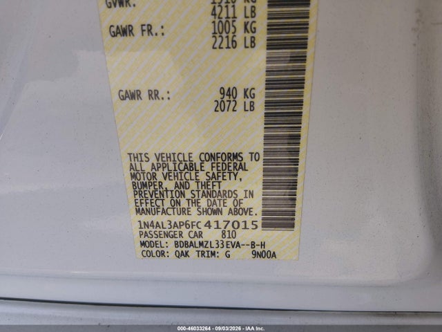 2015 Nissan Altima 2.5 Sv მანქანა იყიდება აუქციონზე, vin: 1N4AL3AP6FC417015, აუქციონის ნომერი: 46033264