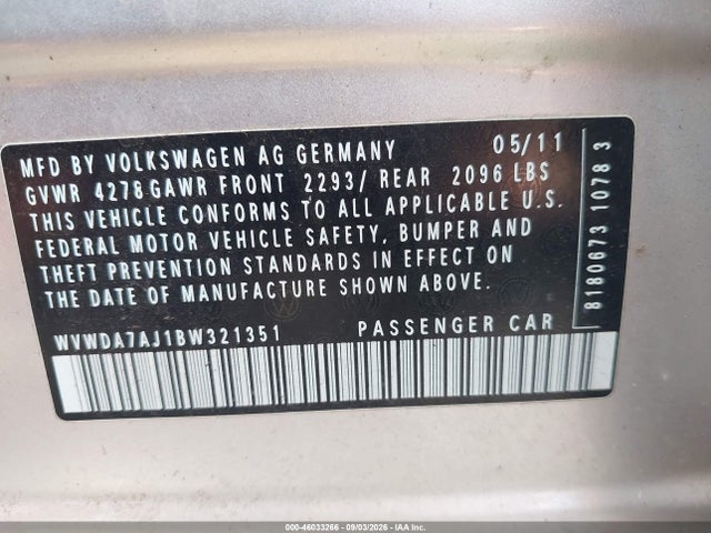 2011 Volkswagen Golf 2.5l 4-door მანქანა იყიდება აუქციონზე, vin: WVWDA7AJ1BW321351, აუქციონის ნომერი: 46033266