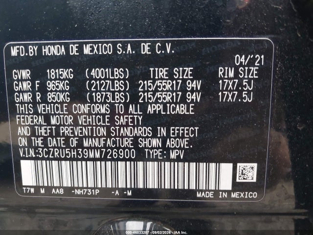 46033287 :رقم المزاد ، 3CZRU5H39MM726900 vin ، 2021 Honda Hr-v 2wd Lx مزاد بيع