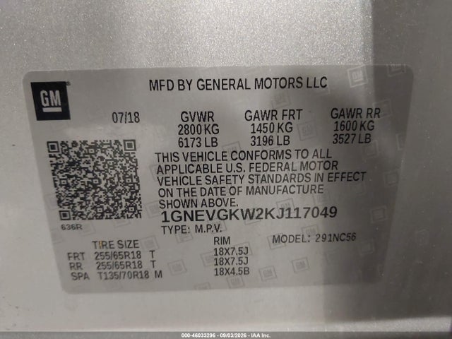 46033296 :رقم المزاد ، 1GNEVGKW2KJ117049 vin ، 2019 Chevrolet Traverse 1lt مزاد بيع