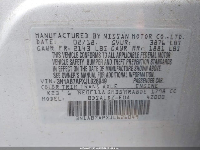 Продажа на аукционе авто 2018 Nissan Sentra Sv, vin: 3N1AB7APXJL626049, номер лота: 46033295