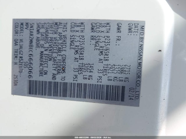 Aukcja sprzedaży 2014 Nissan Pathfinder Sl, vin: 5N1AR2MN8EC666066, numer aukcji: 46033299