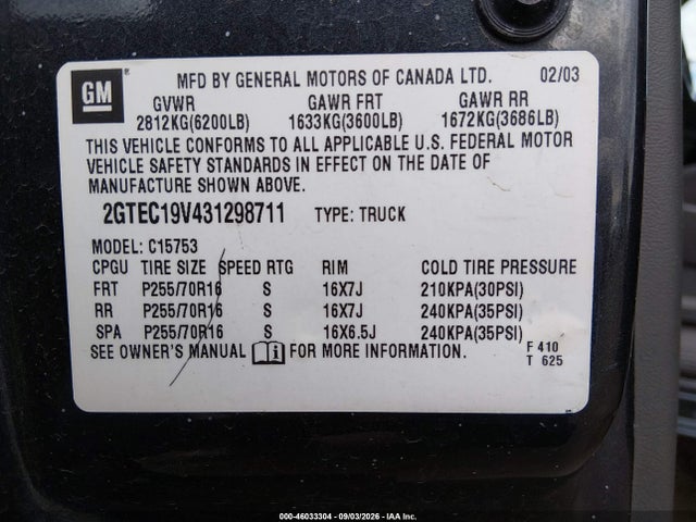 46033304 :رقم المزاد ، 2GTEC19V431298711 vin ، 2003 Gmc Sierra 1500 Sle مزاد بيع