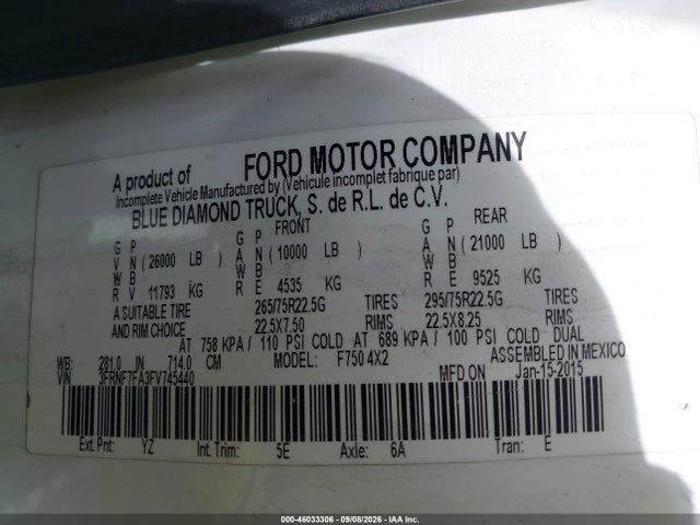 2015 Ford F-750 მანქანა იყიდება აუქციონზე, vin: 3FRNF7FA3FV745440, აუქციონის ნომერი: 46033306