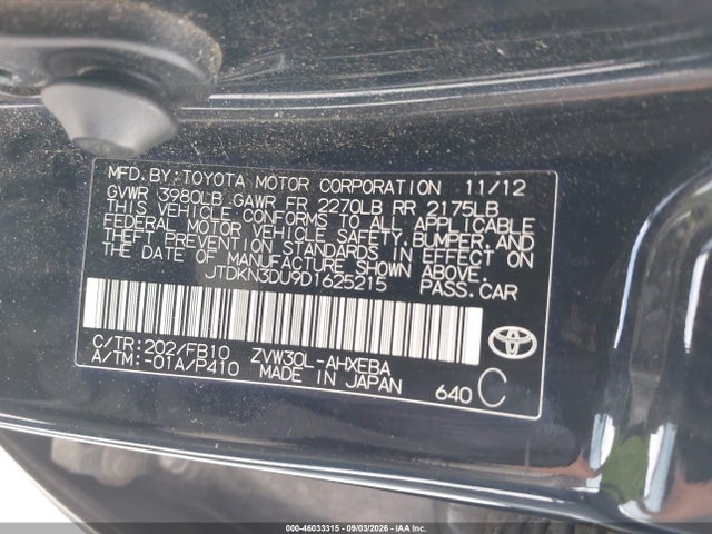 Aukcja sprzedaży 2013 Toyota Prius Two, vin: JTDKN3DU9D1625215, numer aukcji: 46033315