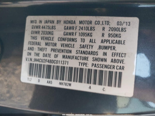 2013 Acura Tsx 2.4 მანქანა იყიდება აუქციონზე, vin: JH4CU2F48DC011371, აუქციონის ნომერი: 46033325