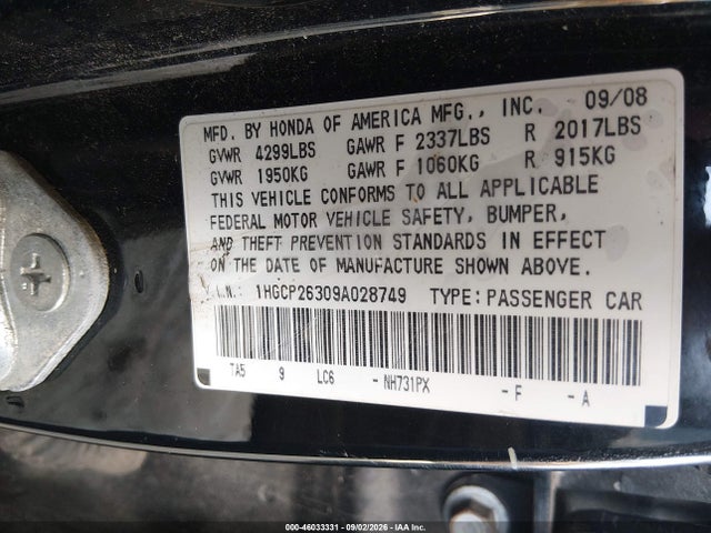 2009 Honda Accord 2.4 Lx მანქანა იყიდება აუქციონზე, vin: 1HGCP26309A028749, აუქციონის ნომერი: 46033331