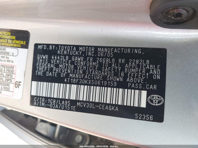 Aukcja sprzedaży 2005 Toyota Camry Xle V6, vin: 4T1BF30KX5U619159, numer aukcji: 46033338