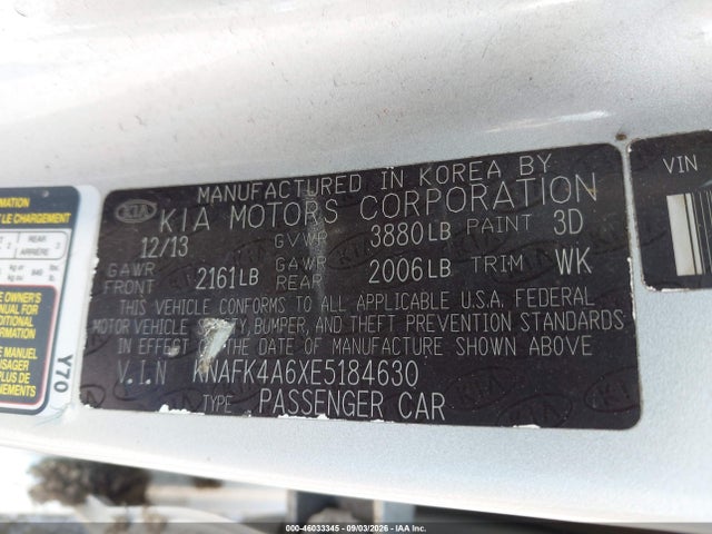 2014 Kia Forte Lx მანქანა იყიდება აუქციონზე, vin: KNAFK4A6XE5184630, აუქციონის ნომერი: 46033345