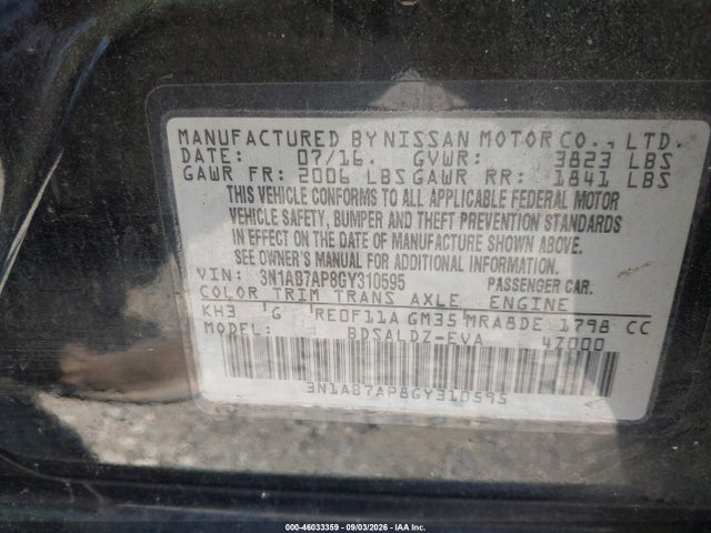 Продаж на аукціоні авто 2016 Nissan Sentra Sv, vin: 3N1AB7AP8GY310595, номер лоту: 46033359