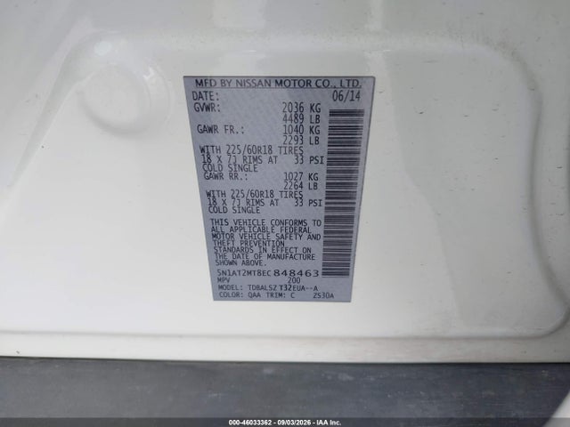 Aukcja sprzedaży 2014 Nissan Rogue Sl, vin: 5N1AT2MT8EC848463, numer aukcji: 46033362