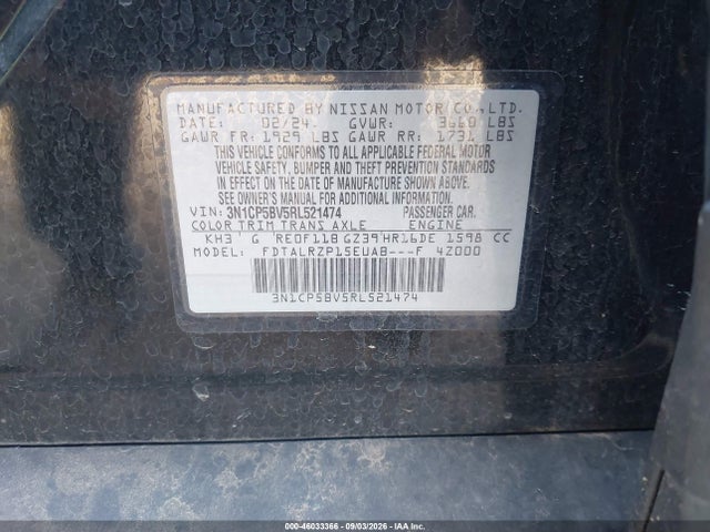 Aukcja sprzedaży 2024 Nissan Kicks S Xtronic Cvt, vin: 3N1CP5BV5RL521474, numer aukcji: 46033366