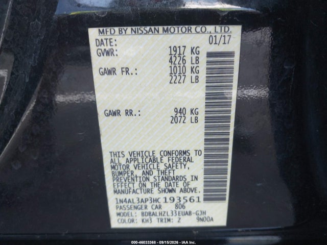 Продажа на аукционе авто 2017 Nissan Altima 2.5 Sr, vin: 1N4AL3AP3HC193561, номер лота: 46033368