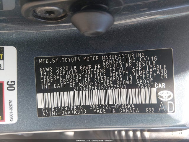 Продажа на аукционе авто 2016 Toyota Corolla Le, vin: 2T1BURHE4GC667591, номер лота: 46033371