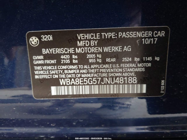 Aukcja sprzedaży 2018 Bmw 320i Xdrive, vin: WBA8E5G57JNU48188, numer aukcji: 46033382