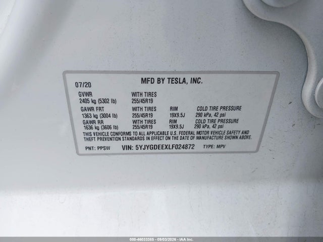46033385 :رقم المزاد ، 5YJYGDEEXLF024872 vin ، 2020 Tesla Model Y Long Range Dual Motor All-wheel Drive مزاد بيع