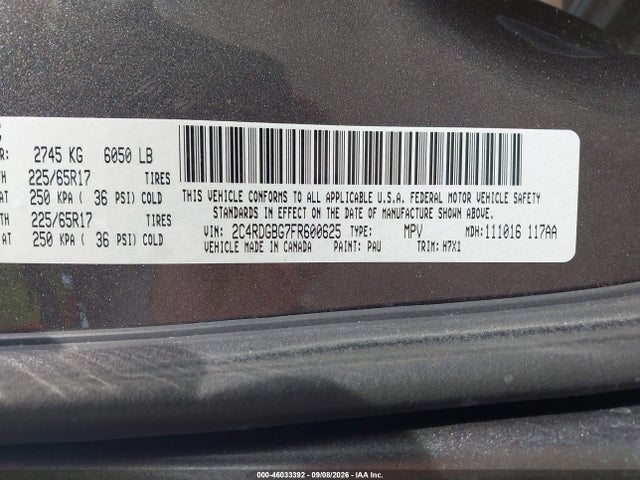 46033392 :رقم المزاد ، 2C4RDGBG7FR600625 vin ، 2015 Dodge Grand Caravan American Value Pkg مزاد بيع