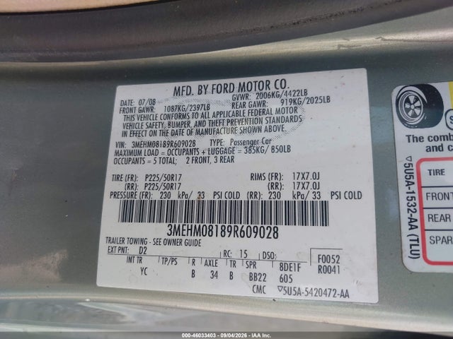 Продажа на аукционе авто 2009 Mercury Milan V6 Premier, vin: 3MEHM08189R609028, номер лота: 46033403
