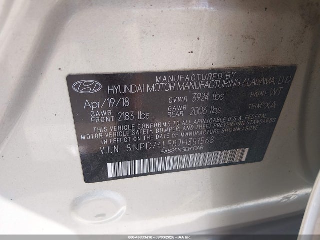 46033410 :رقم المزاد ، 5NPD74LF8JH351568 vin ، 2018 Hyundai Elantra Se مزاد بيع