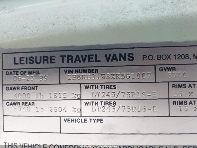 46033433 :رقم المزاد ، 2B6KB31Z3XK561887 vin ، 1999 Dodge Ram Van 3500 Commercial/conversion مزاد بيع