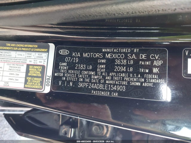 Aukcja sprzedaży 2020 Kia Forte Fe, vin: 3KPF24AD8LE154903, numer aukcji: 46033450