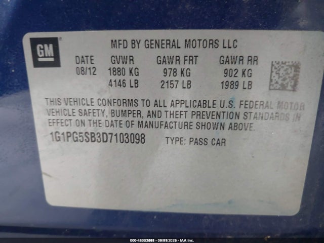 Aukcja sprzedaży 2013 Chevrolet Cruze Ltz, vin: 1G1PG5SB3D7103098, numer aukcji: 46033468