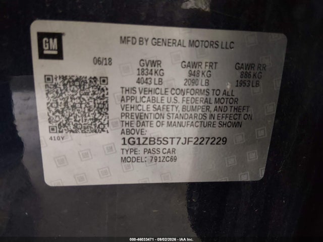 2018 Chevrolet Malibu 1ls მანქანა იყიდება აუქციონზე, vin: 1G1ZB5ST7JF227229, აუქციონის ნომერი: 46033471