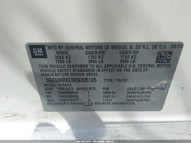 Продаж на аукціоні авто 2014 Chevrolet Silverado 1500 1lt, vin: 3GCUKREC5EG205125, номер лоту: 46033474