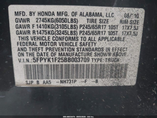 Продажа на аукционе авто 2011 Honda Ridgeline Rt, vin: 5FPYK1F25BB003709, номер лота: 46033476