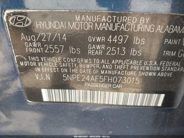 46033482 :رقم المزاد ، 5NPE24AF5FH073015 vin ، 2015 Hyundai Sonata Se مزاد بيع