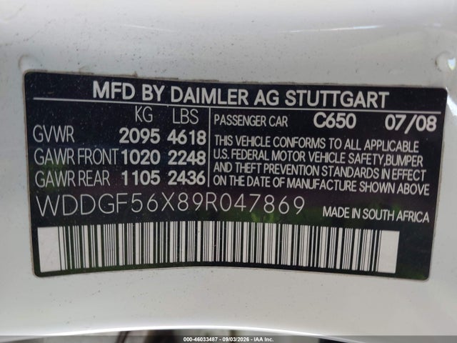 Aukcja sprzedaży 2009 Mercedes-benz C 350 Sport, vin: WDDGF56X89R047869, numer aukcji: 46033487