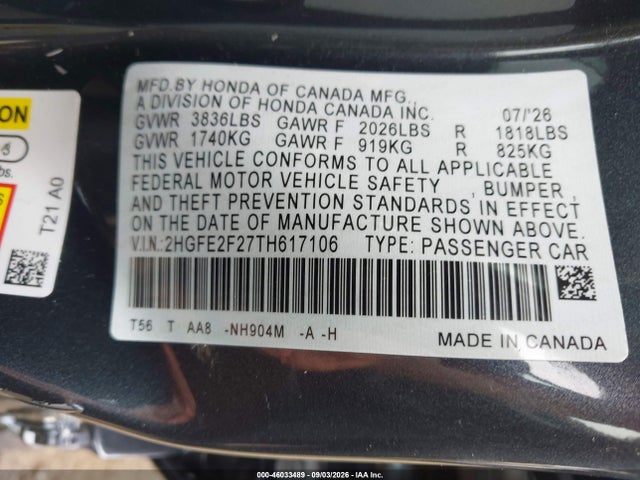 Продаж на аукціоні авто 2026 Honda Civic Lx, vin: 2HGFE2F27TH617106, номер лоту: 46033489