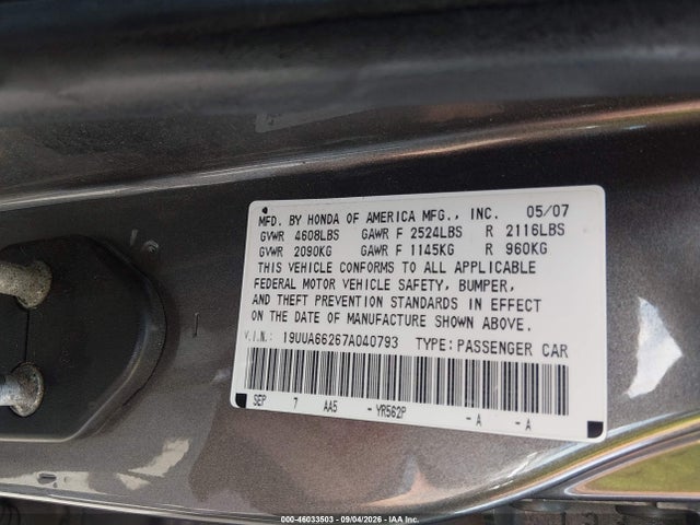 46033503 :رقم المزاد ، 19UUA66267A040793 vin ، 2007 Acura Tl 3.2 مزاد بيع