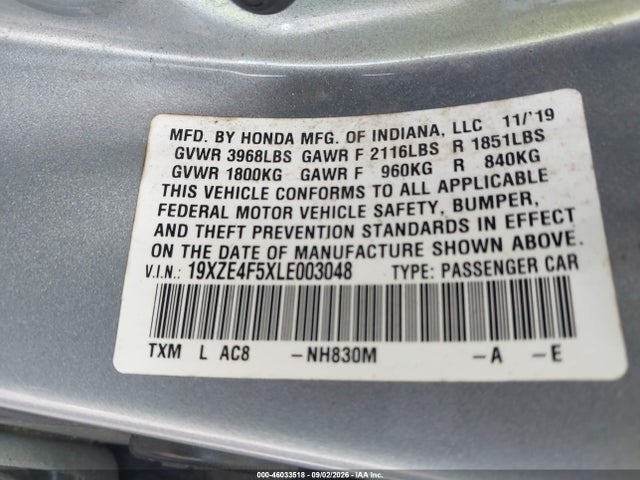 2020 Honda Insight Ex მანქანა იყიდება აუქციონზე, vin: 19XZE4F5XLE003048, აუქციონის ნომერი: 46033518
