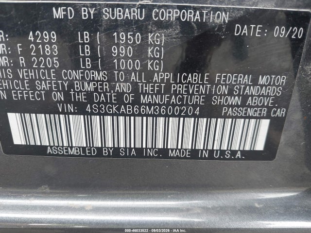 46033522 :رقم المزاد ، 4S3GKAB66M3600204 vin ، 2021 Subaru Impreza Sedan مزاد بيع