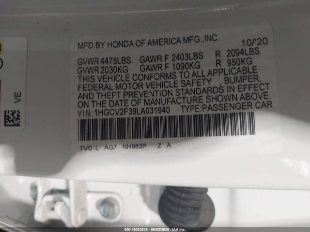 Aukcja sprzedaży 2020 Honda Accord Sport 2.0t, vin: 1HGCV2F39LA031940, numer aukcji: 46033536