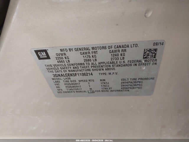 2015 Chevrolet Equinox 2lt მანქანა იყიდება აუქციონზე, vin: 2GNALCEK5F1106214, აუქციონის ნომერი: 46033538