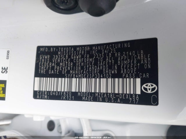 Продажа на аукционе авто 2025 Toyota Corolla Le, vin: 5YFB4MDEXSP304102, номер лота: 46033543