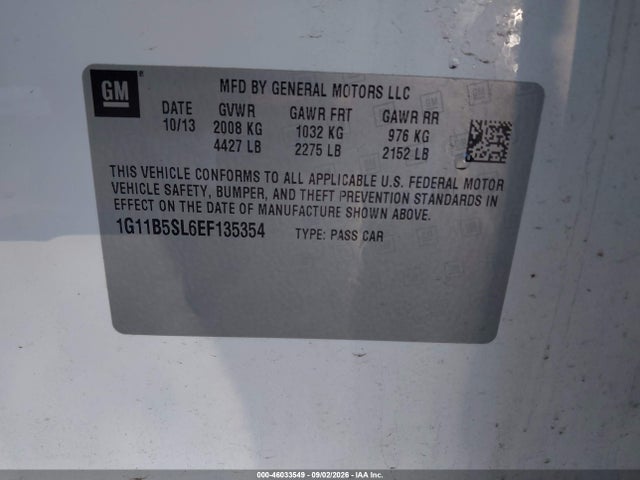 Aukcja sprzedaży 2014 Chevrolet Malibu 1ls, vin: 1G11B5SL6EF135354, numer aukcji: 46033549